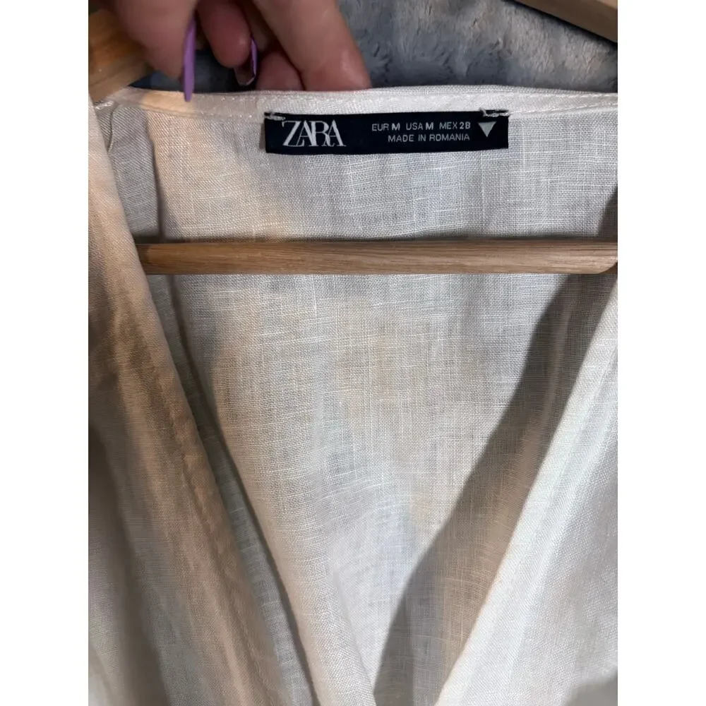 Zara 100% White‎ Linen O Ring Cropped Top M Deep V-neck Resort Puff Sleeve Boho